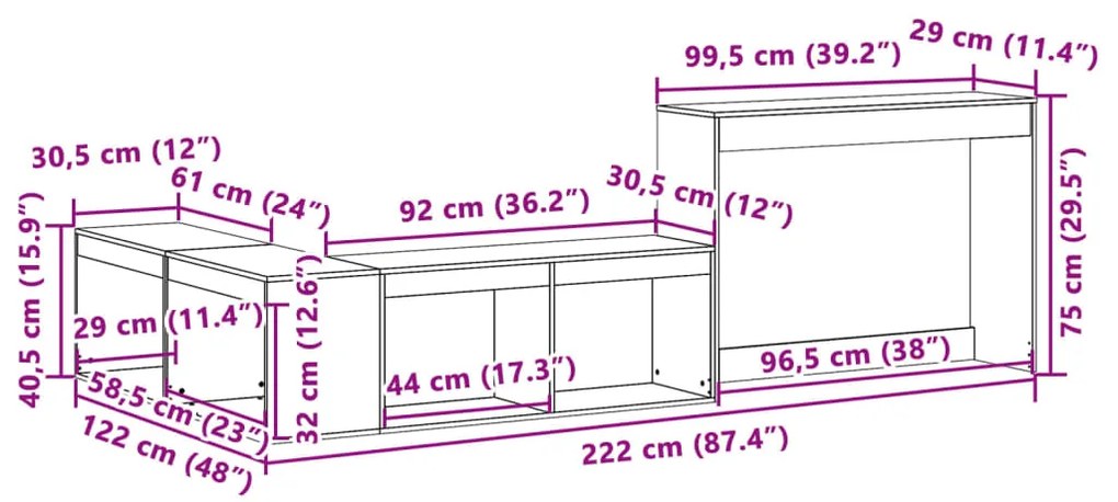 Mesa de cabeceira c/ secretária 222x122x75cm pinho castanho-mel