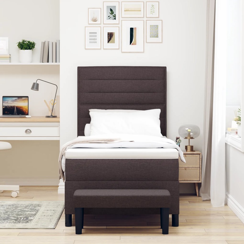 Cama Box Spring com Colchão e Banco Castanho Escuro 80x200 cm Tecido