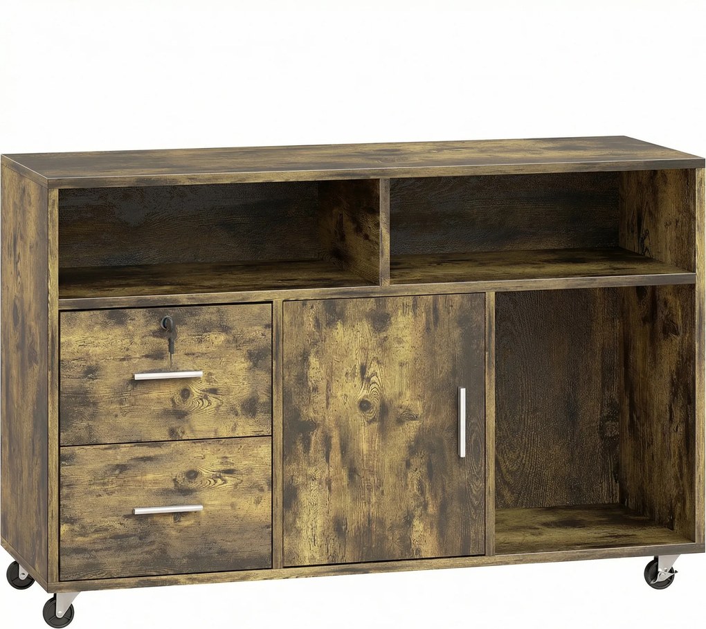 HOMCOM Móvel para Impressora com Rodízios, 2 Gavetas, 3 Prateleiras e 2 Armários, em Madeira, 100x35x65 cm, Marrom | Aosom Portugal