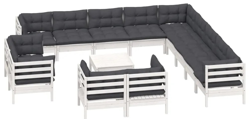 14 pcs conj. lounge de jardim c/ almofadões pinho maciço branco