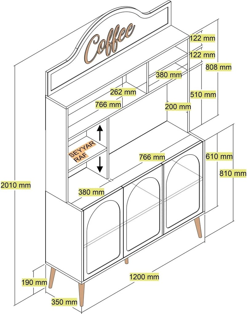 Armário Alto de Cozinha "Coffee" - 200x120x35 cm - Creme e Dourado - D