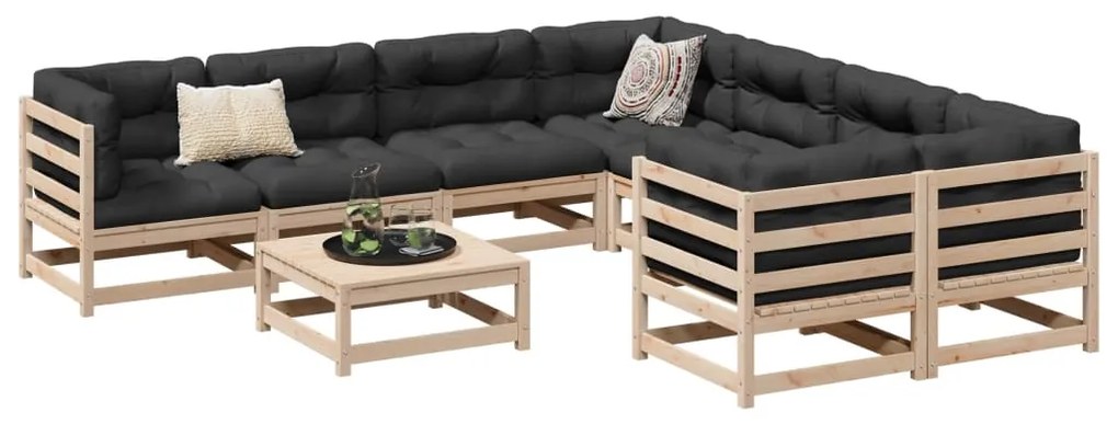 9 pcs conjunto sofás de jardim com almofadões pinho maciço