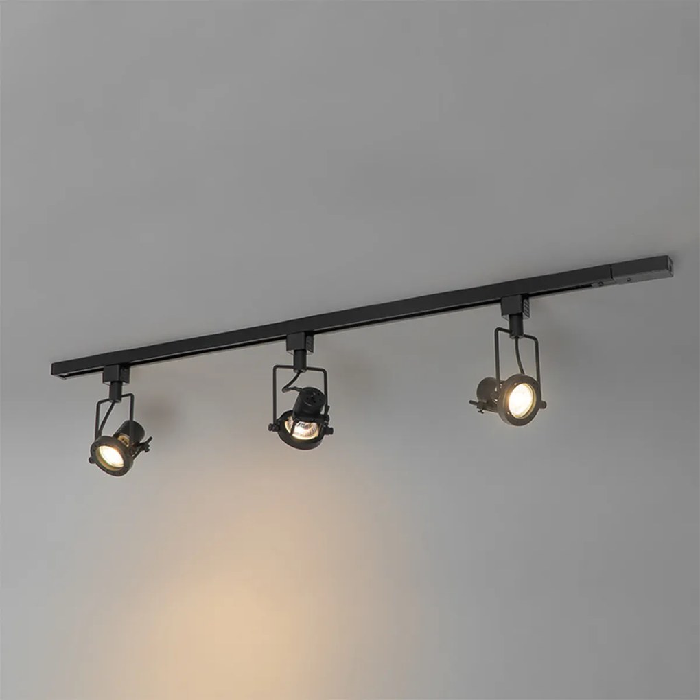 Sistema de trilhos industrial com 3 focos monofásicos pretos - Suplux