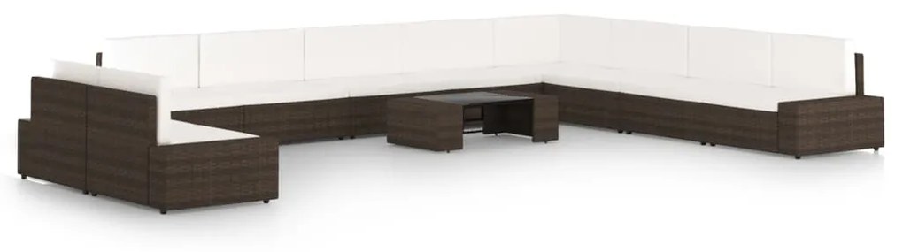 vidaXL 11 pcs conjunto lounge p/ jardim c/ almofadões vime PE castanho
