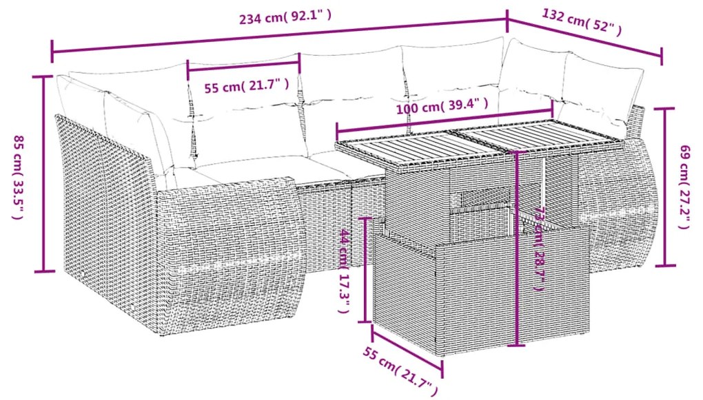7 pcs conjunto sofás p/ jardim c/ almofadões vime PE cinzento