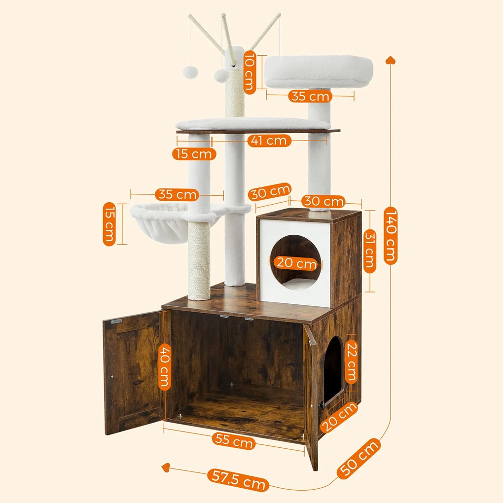 Arranhador Gatos 2 em 1 com caixa de areia 57,5 x 50 x 151 cm Castanho rustico