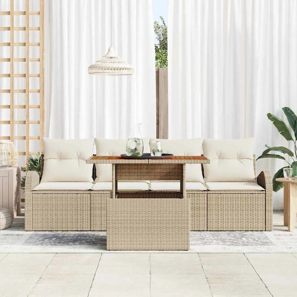 Conjunto de Sofá de Jardim 5 Peças com Almofadas de Ratan Bege