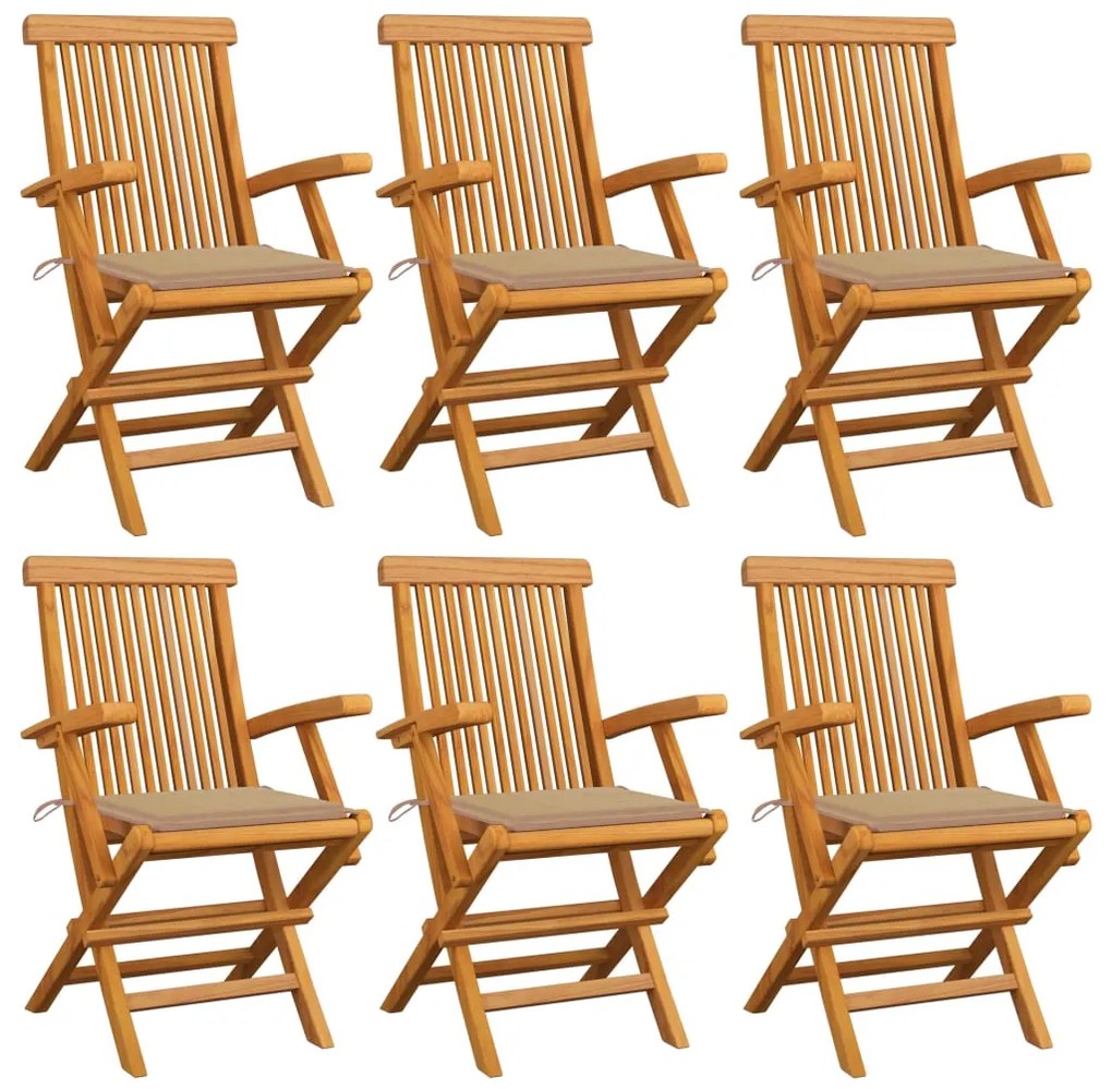 vidaXL Cadeiras de jardim c/ almofadões beges 6 pcs teca maciça