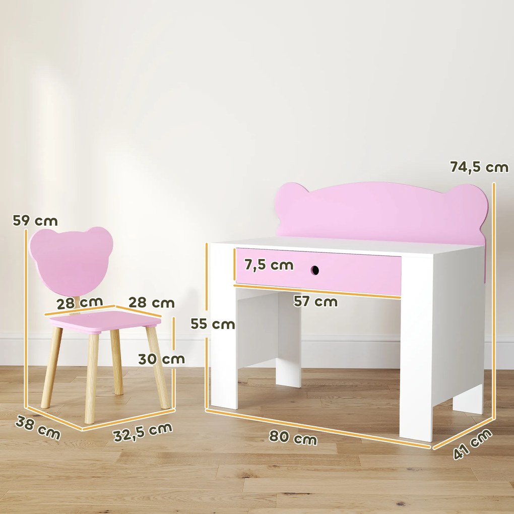 Secretária para Crianças com Cadeira em Forma de Ursinho Secretária Infantil com Gaveta para Estudar Ler e Desenhar Branco e Rosa