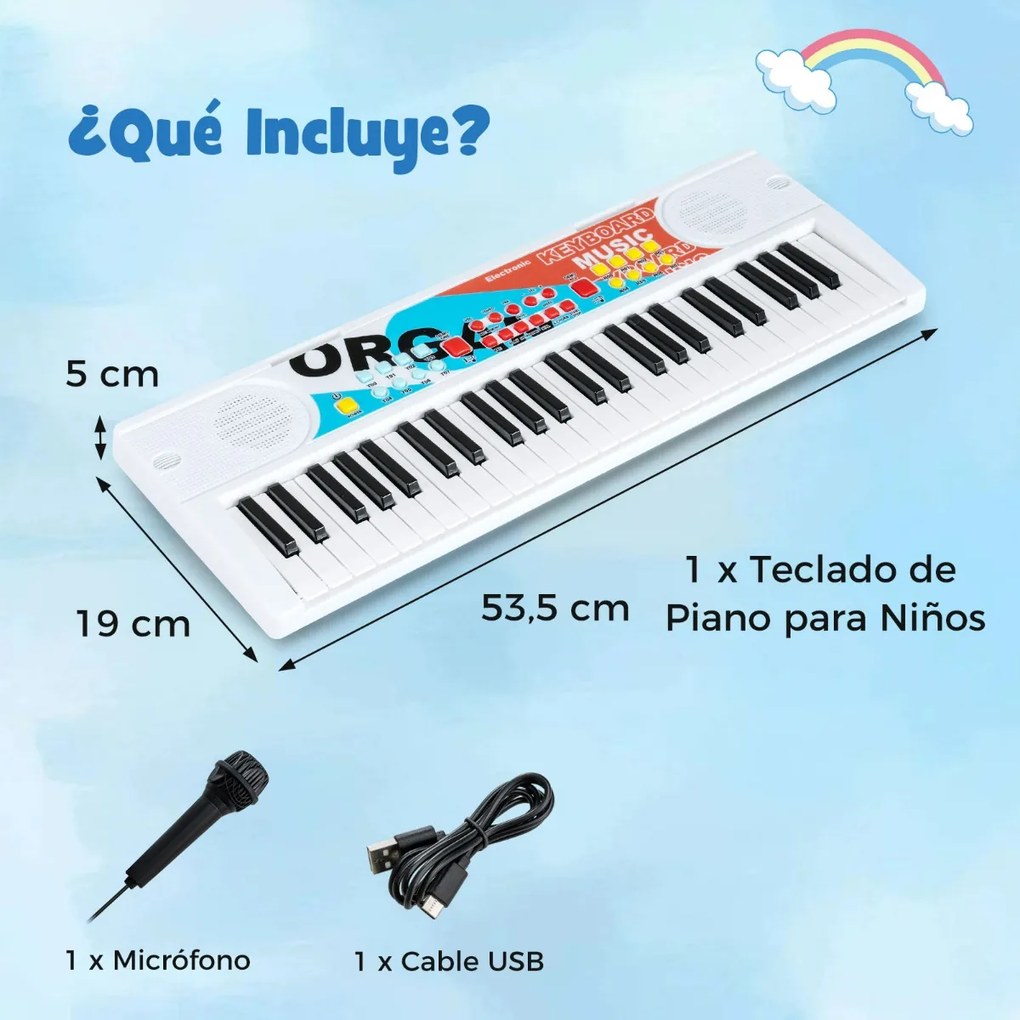 Teclado de piano para crianças elétrico portátil de 49 teclas com 8 ritmos, 8 tons e 10 demonstrações Instrumento musical branco