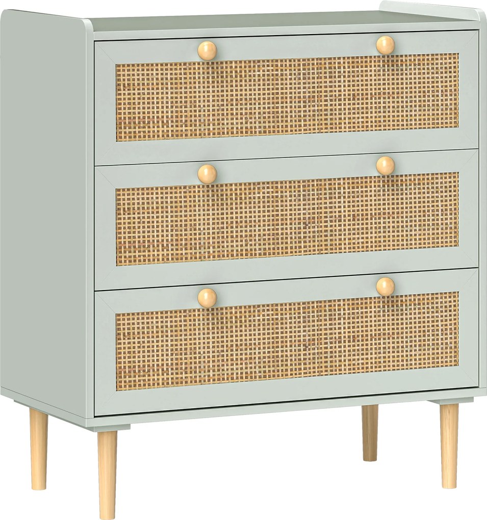 HOMCOM Cômoda de quarto com 3 gavetas, frentes em rattan, cômoda para corredor/entrada, MDF, Verde | Aosom Portugal