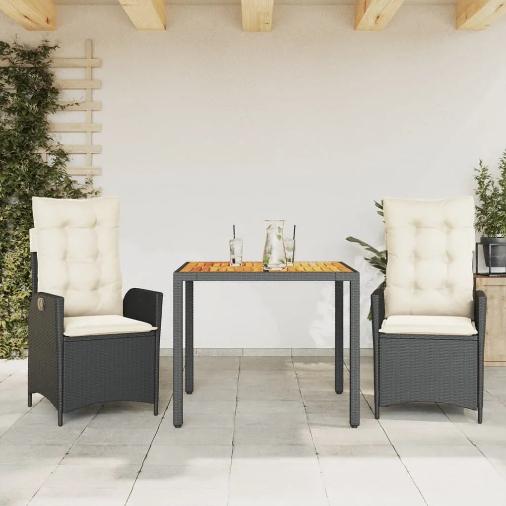 vidaXL 3 pcs conjunto de jantar p/ jardim c/ almofadões vime PE preto