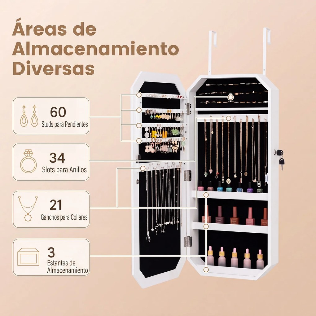 Armário de Joias, 36 x 10 x 80 cm, Espelho de Corpo Inteiro, Branco