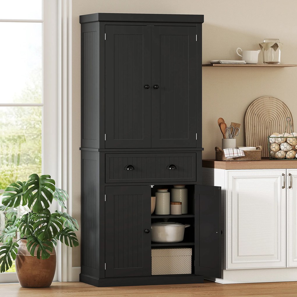 Armario Alto de Cozinha, 76,2 x 40,2 x 183 cm, Prateleiras Ajustáveis, Preto