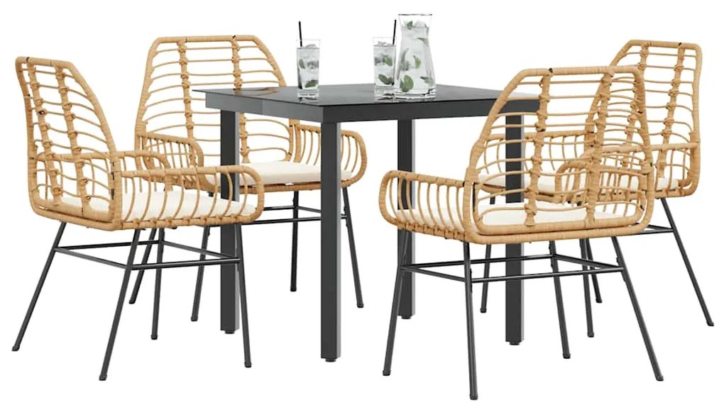 Conjunto jantar jardim 5 peças almofadas vidro vime PE castanho