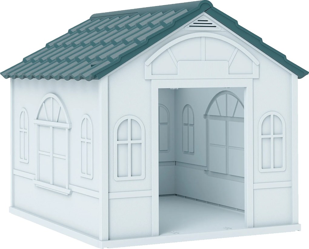 PawHut Casa para Cães 65x75,7x63 cm Casa para Cães com Janelas e Teto com Telhas de Imitação para Cães Médios Azul e Branco | Aosom Portugal