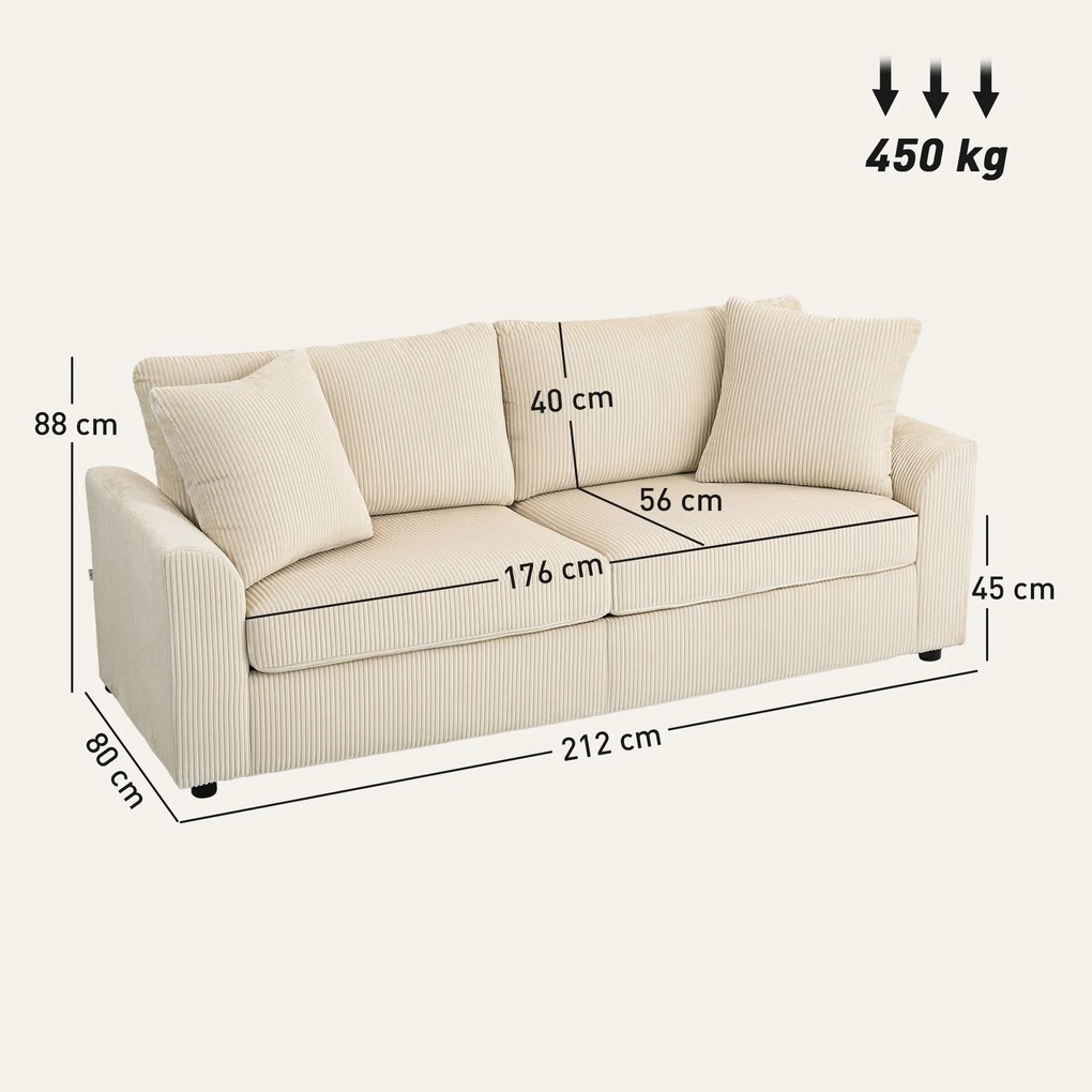 Sofá de 3 Lugares Moderno 212x80x88 cm Sofá Sala de Estar Estofado com 2 Almofadas Apoio de Braços e Estrutura de Aço Creme