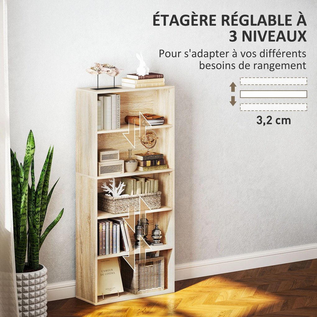 Estante de arrumação 60 x 24 x 133,5 cm com 5 níveis e prateleiras ajustáveis para sala de estar, quarto, escritório, natural