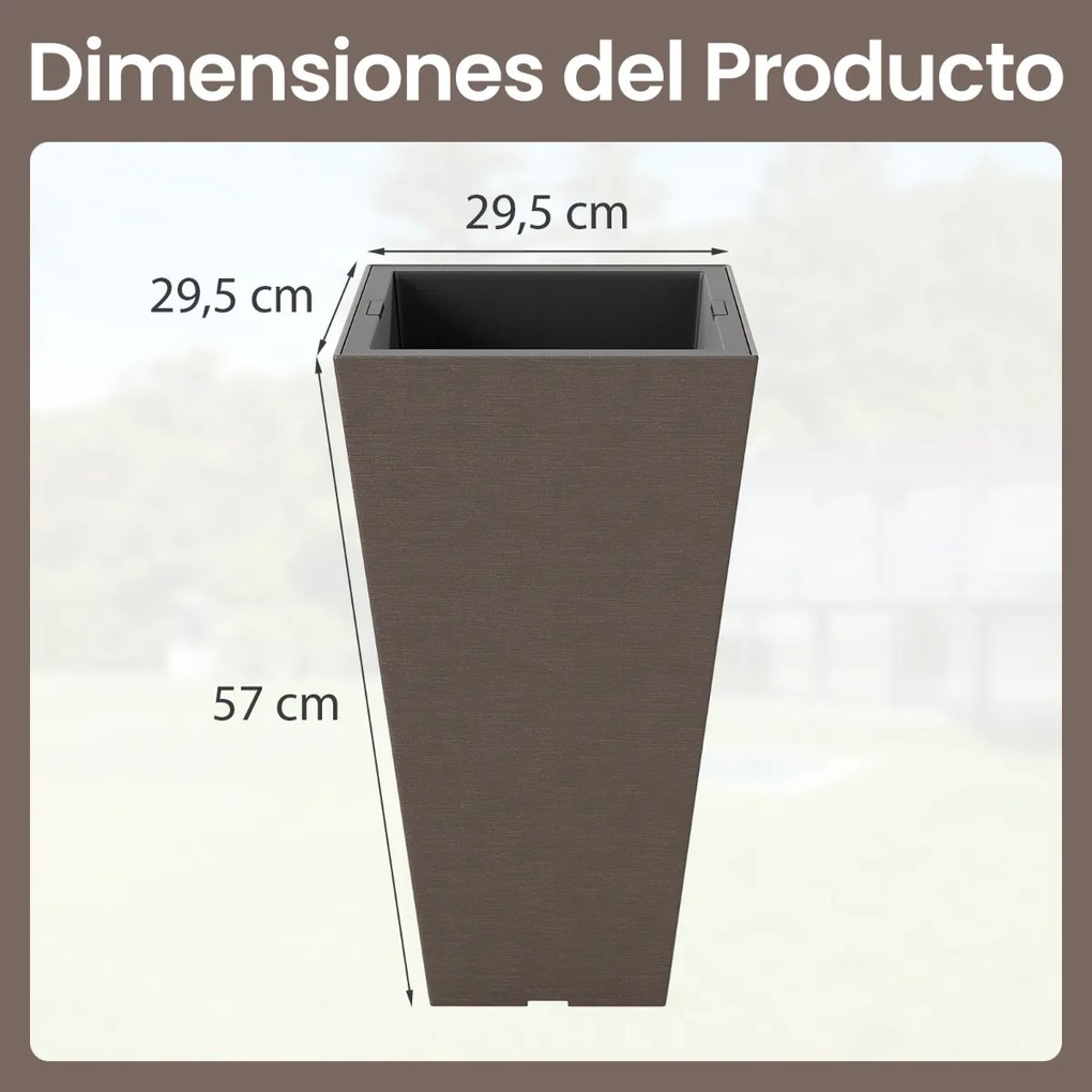 Conjunto de 2 vasos quadrados altos 29,5 x 29,5 x 57 cm com rega automática, cubo interior removível e orifícios de drenagem Castanho