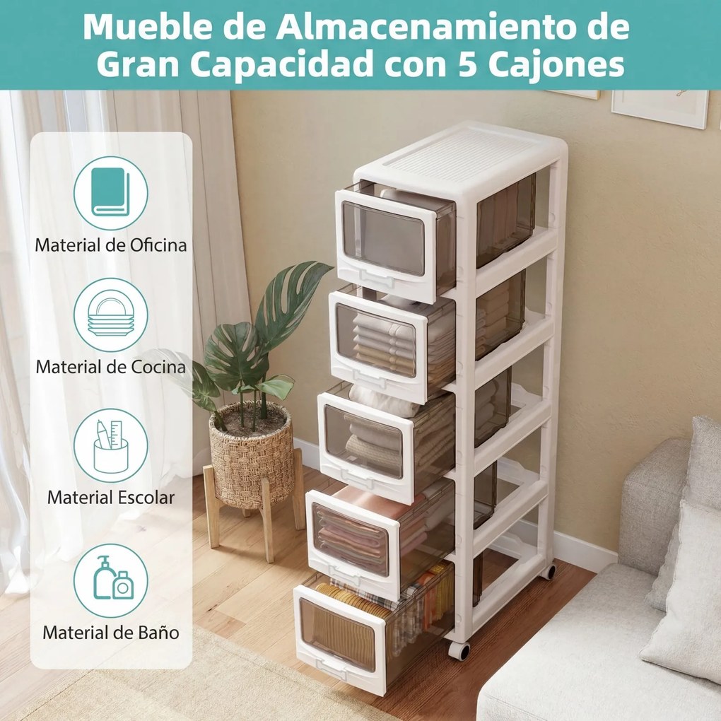 Móvel de Arrumação com 5 Gavetas, 42 x 28 x 112,5 cm, Rodas com Travão, Branco