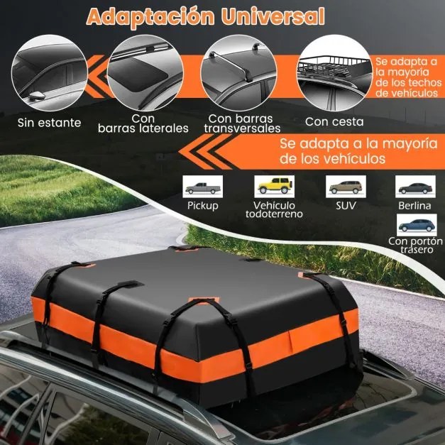 Mala de tejadilho para carro 424L à prova de água com fecho e tapete antiderrapante 112 x 86 x 43 cm Laranja e Preto