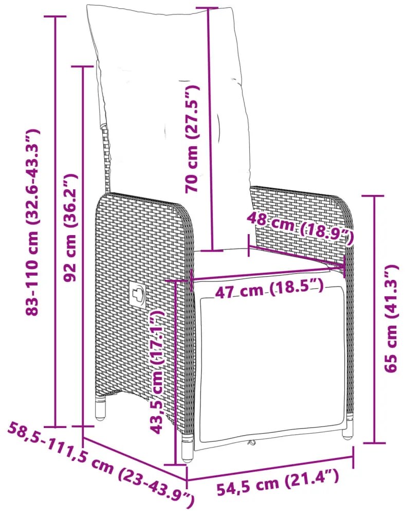 Cadeiras de jardim reclináveis 2 pcs c/ almofadões vime PE bege