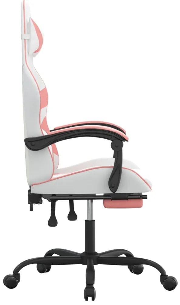 Cadeira gaming giratória c/ apoio pés couro artif. branco/rosa