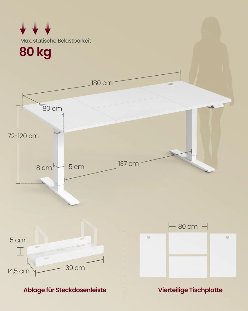 Secretária elétrica 180 x 80 x (72-120) cm com altura ajustável, porta USB e função de memória Branco mate