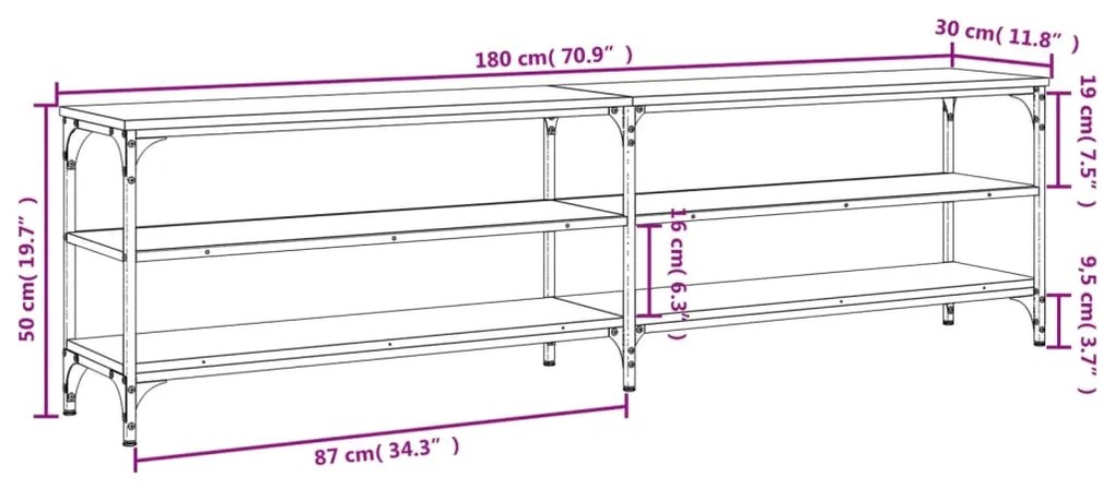 Móvel p/ TV 180x30x50cm derivados madeira/metal cinzento sonoma