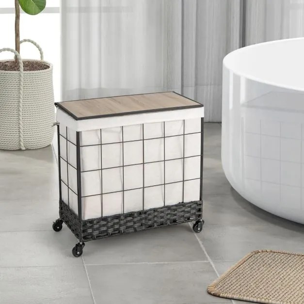 Cesto para roupa suja 130 L  Com Separador em metal com rodas Tampa com fecho Tampa de madeira Saco com forro amovível Dividido Preto