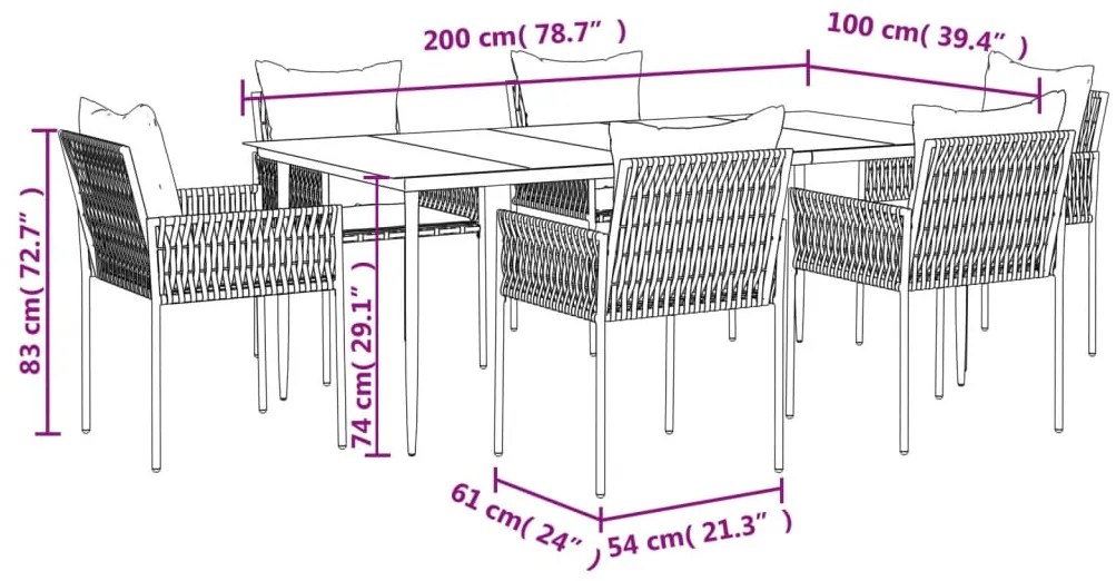 7 pcs conjunto de jantar p/ jardim c/ almofadões vime PE e aço