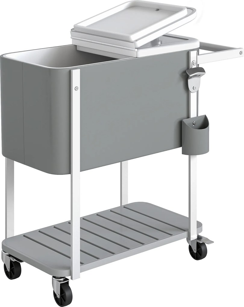 Outsunny Carro Térmico de 56 L com Rodas Prateleira Abre Garrafas Coletor de Tampas Dreno e Pega para Jardim 84x38x83 cm Cinzento | Aosom Portugal