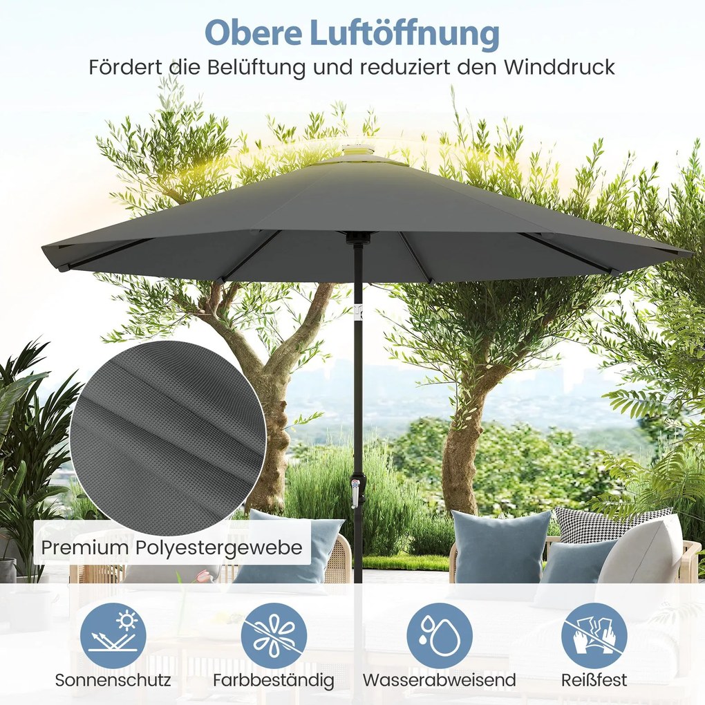 Guarda-sol de 300 cm com iluminação LED solar, 9 modos de iluminação, guarda-sol de jardim com manivela, cinzento