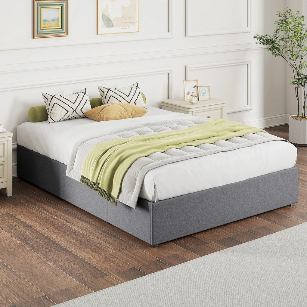 Cama com arrumação 140 x 190 cm (COLCHÃO NÃO INCLUIDO), estrutura de cama de casal estofada com 3 gavetas, base de ripas em LVL, silenciosa, cinzenta