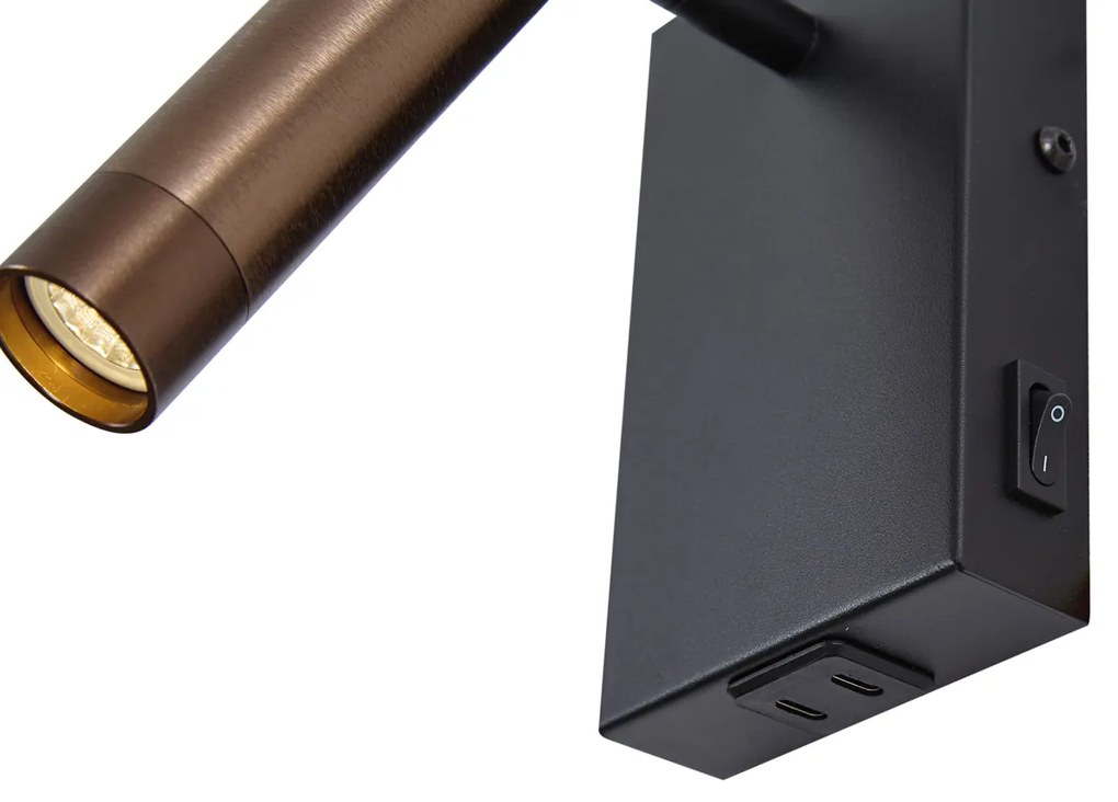 Candeeiro de parede moderno preto com bronze escuro ajustável com USB-C - Croft
