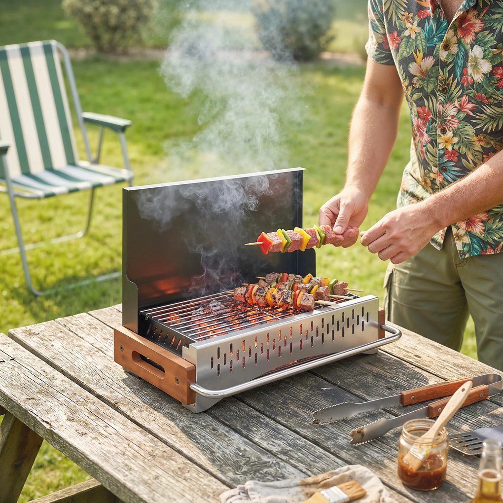 Grelhador a Carvão Dobrável Portátil 50,5x34x33 cm com Bandeja de Carvão Removível para Campismo Piqueniques Preto