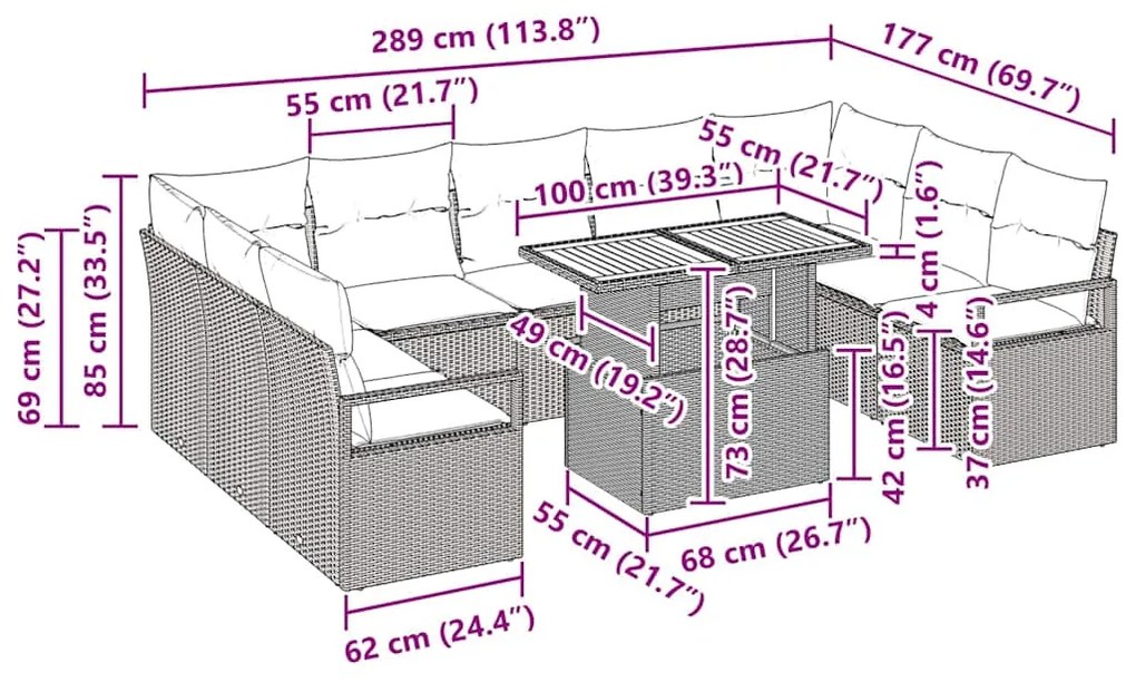 Conjunto de Sofá de Jardim de 10 Peças com Almofadas em Bege, Poliratt