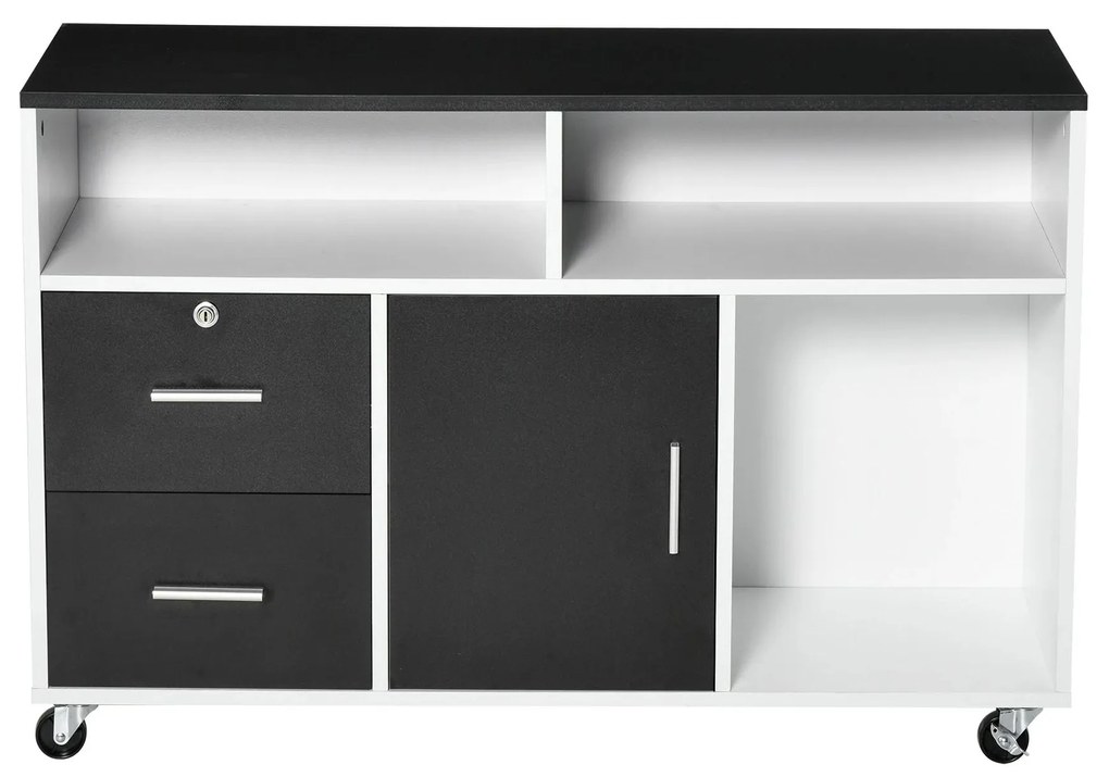 HOMCOM Móvel Auxiliar de Escritório Móvel Arquivador com Rodas Prateleiras Gaveta e Armário Multiuso com Grande Armazenamento 100x35x65cm Preto e Branco