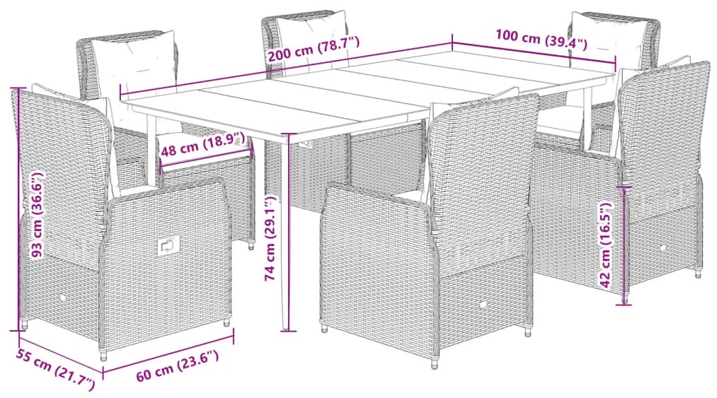 7 pcs conjunto de jantar p/ jardim com almofadões vime PE bege