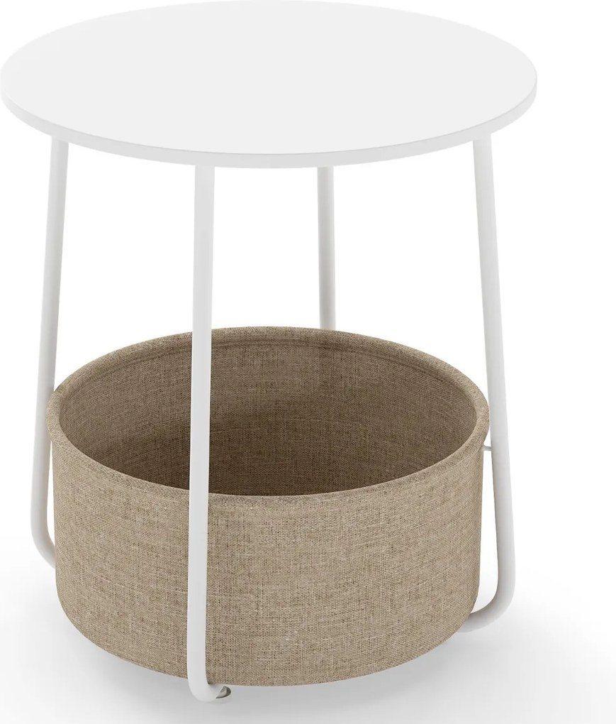 Mesa apoio, Mesa de cabeceira redonda 45 x 45 x 50,5 cm de 2 níveis com cesto de armazenamento em tecido pequena moderna Branca