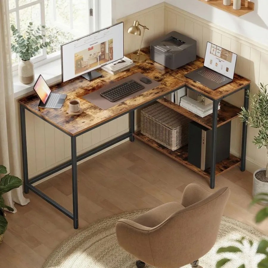 Secretária de canto 120 x 80 cm em forma de L com prateleira ajustável em altura, castanho vintage