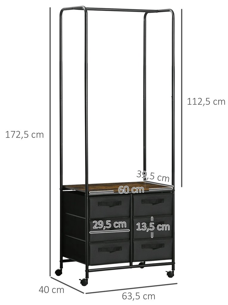 Cabideiro Cefalù com Rodas e 6 Gavetas – 63,5x40x172,5 cm – Castanho R