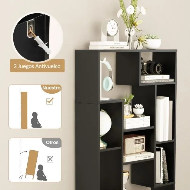 Estante geométrica aberta com kits antiderrapantes para sala de estar 70 x 20 x 120 cm preto