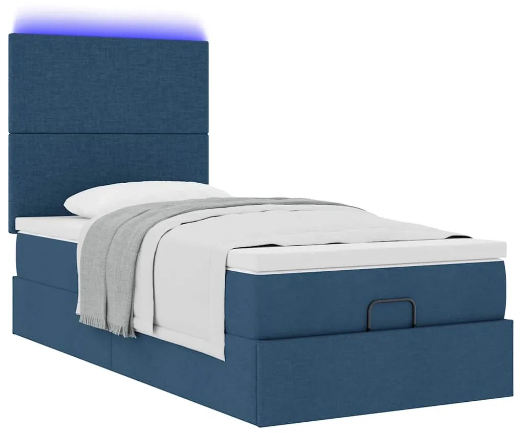 Cama Otomana com Colchão &amp; LEDs Tecido Azul 100x200 cm