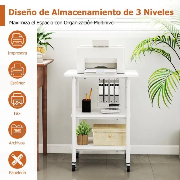 Suporte para impressora 49 x 40 x 65-77 cm de 3 níveis com 2 alturas ajustáveis com Prateleiras de armazenamento Rodas universais bloqueáveis Branco