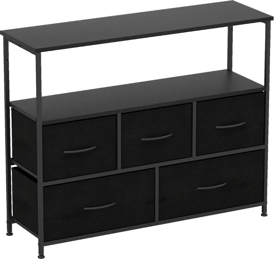 Cômoda para quarto com 5 gavetas 100 × 30 × 80 cm com 2 prateleiras abertas de madeira e estrutura metálica resistente preto