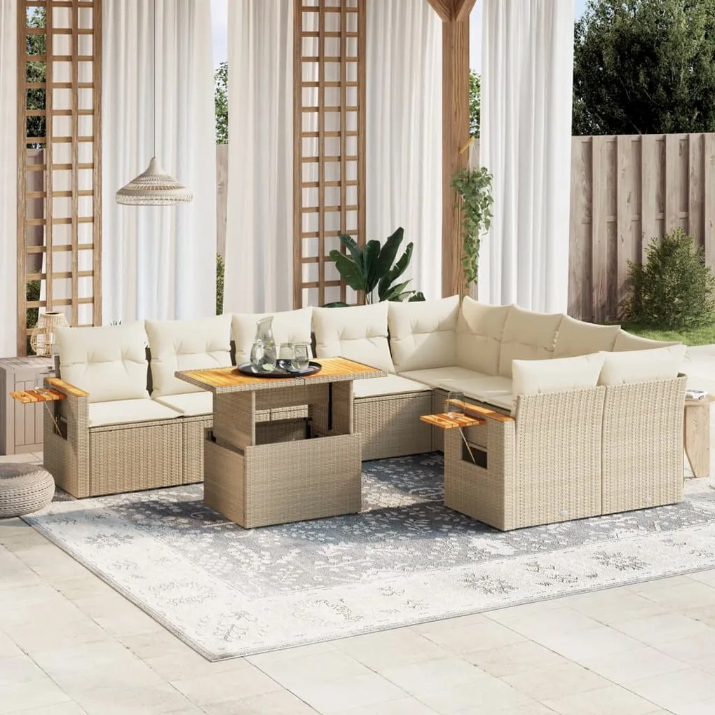 10 pcs conjunto de sofás p/ jardim com almofadões vime PE bege