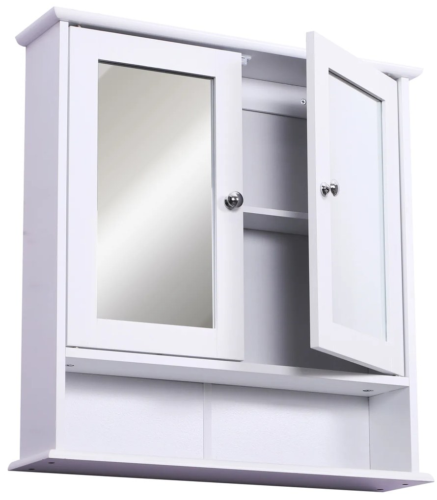 Armário de casa banho com parede de espelho com 2 portas 3 níveis de armazenamento de parede 56x13x58cm Branco