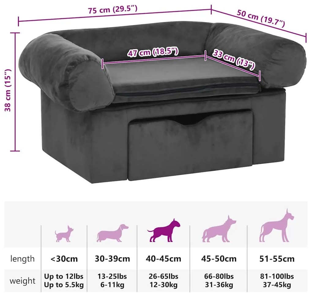 Sofá para cães com gaveta 75x50x38 cm pelúcia cinzento-escuro