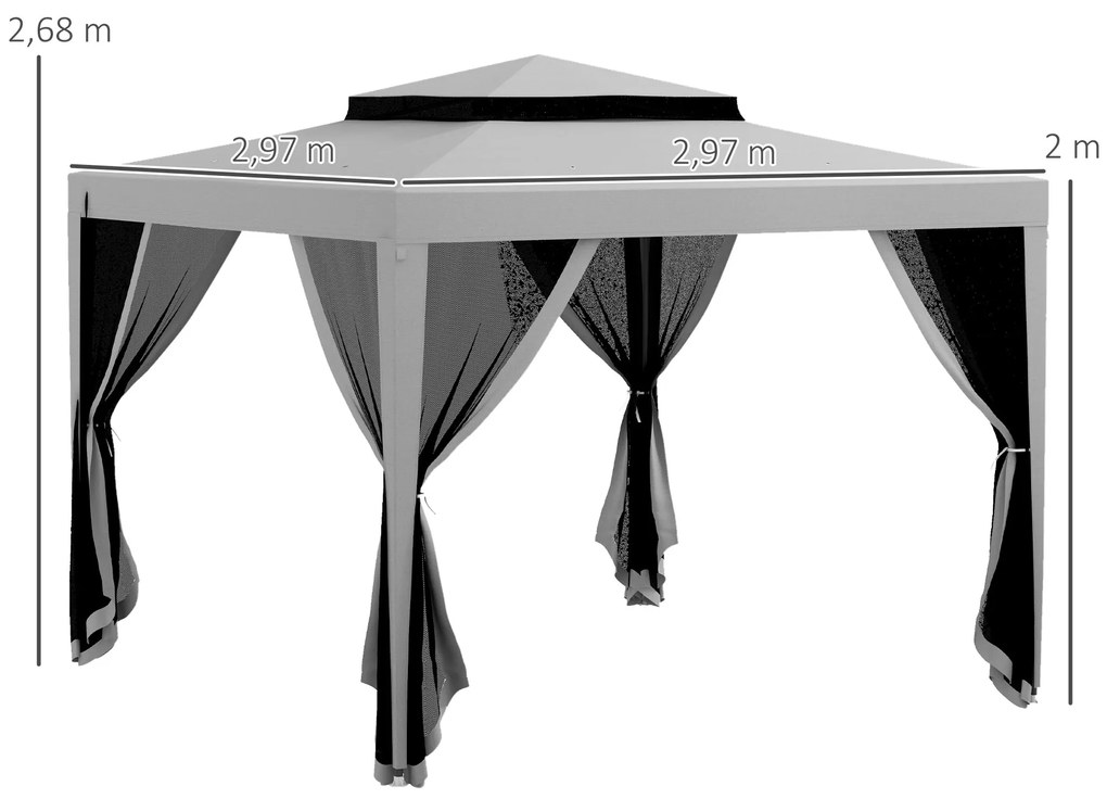Pérgola de Jardim 297x297x268 cm Pérgola com 4 Redes Mosquiteiras Laterais e 8 Orifícios de Drenagem  Cinza
